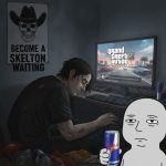 GTA 6 트레일러를 보고 열광하는 게이머, 옆엔 유골과 에너지 드링크