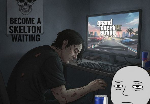 GTA 6 트레일러를 보고 열광하는 게이머, 옆엔 유골과 에너지 드링크