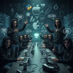 Meta와 Apple 직원들이 맥북을 사이에 두고 손을 맞잡고 있는 만화