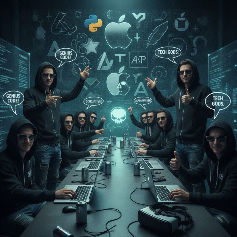 Meta와 Apple 직원들이 맥북을 사이에 두고 손을 맞잡고 있는 만화