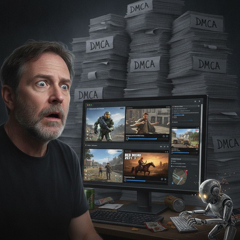 AI가 브라우저에 게임을 이식하는 광경을 보며 멘붕하는 퍼블리셔와 'DMCA' 문서 더미, 화면 한켠에서 일하는 AI 로봇